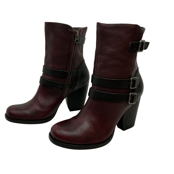 Kork-Ease Triple Buckle Moto Western Leather Ankle Boots Womens 7M Burgundy Blac